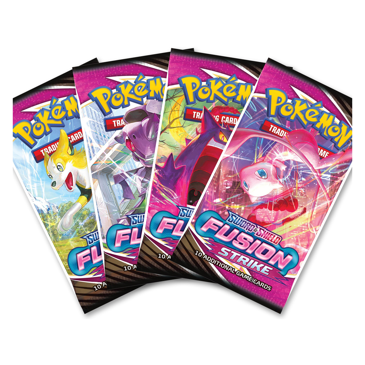 Four Pokemon TCG Sword &amp; Shield Fusion Strike booster packs fanned out, showing the Mew, Gengar, Genesect and Boltund wrapper artwork